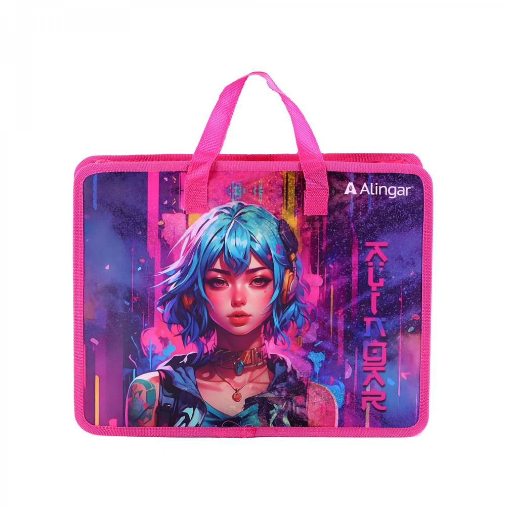 Папка с ручками 1 отделение, А4 265х335х90мм, Alingar, пластик, ручки тесьма, дизайн с двух стор, молния сверху, "Аниме. Девочка с голубыми волосами"