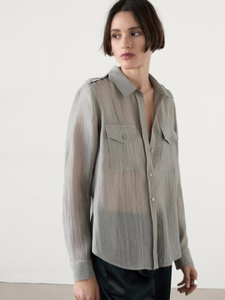 Massimo Dutti Рубашка из струящейся полупрозрачной ткани с карманами, бежевый