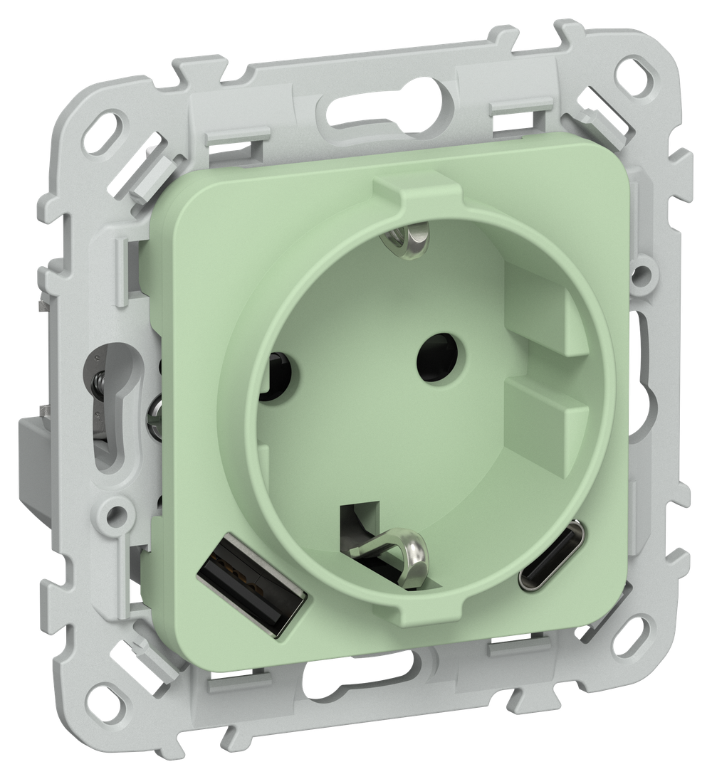 FLITE Розетка 1-местная с заземлением с защитными шторками 16А с USB A+C 20Вт безвинтовое крепление РСЮшс11-1-ФлФ фисташковый IEK