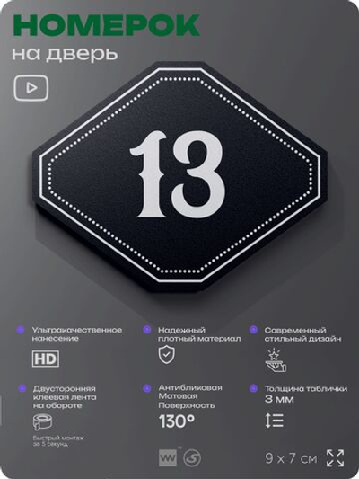 Номерок на дверь квартиры 13, для кабинета, офиса, шильдик 9 х 7 см, черный, Айдентика Технолоджи