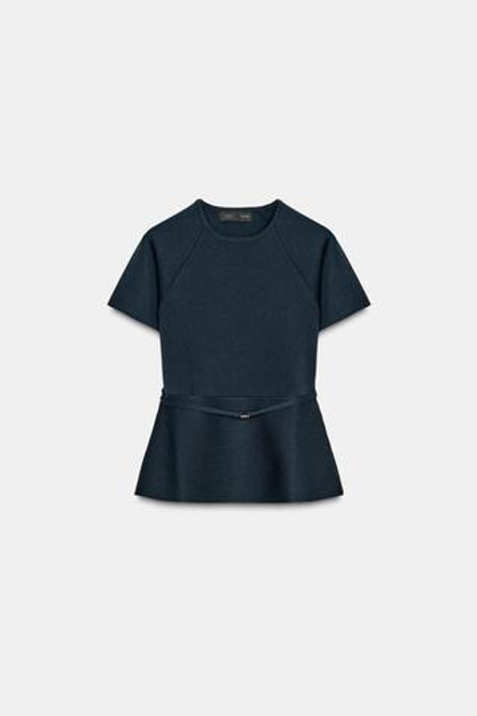ZARA ТРИКОТАЖНЫЙ ТОП С БАСКОЙ И ПОЯСОМ, МОСРКОЙ СИНИЙ