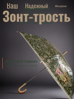 Зонт-трость Russian Look, полуавтомат, купол 90 см., 8 спиц, система «антиветер», прозрачный, для женщин, зеленый