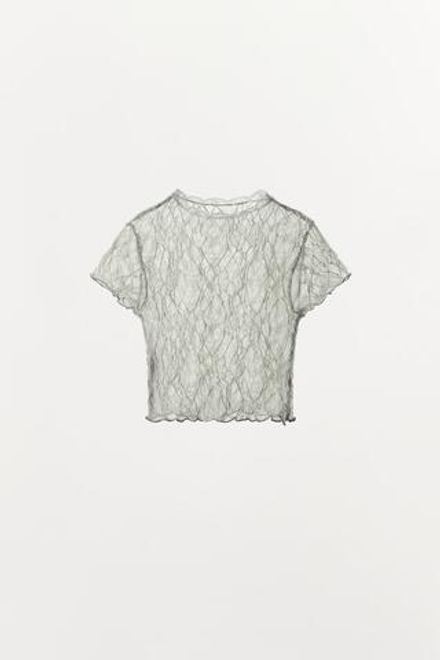 ZARA КРУЖЕВНОЙ КРОП-ТОП, ЗЕЛЕНОВАТЫЙ