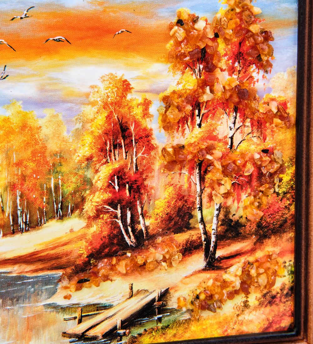 AMB-74/14 Картина «Домик у озера» (с янтарной крошкой) дер.краш.рамка 12х15