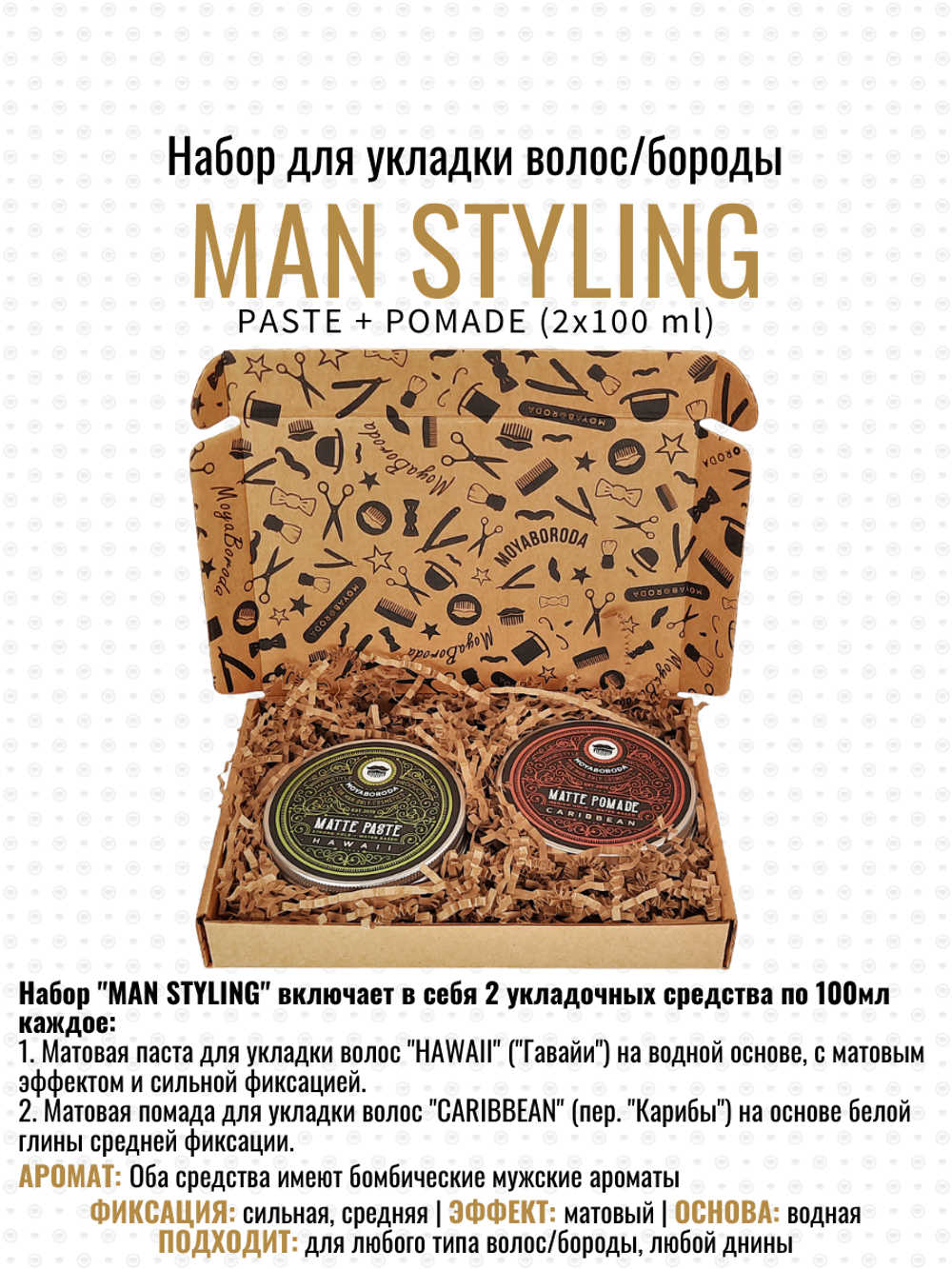 Набор для укладки волос/бороды MOYABORODA "MAN STYLING" (PASTE+POMADE, матовый эффект), 2x100мл