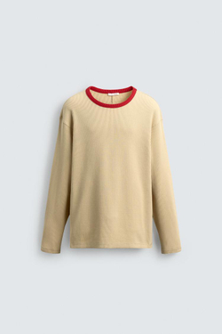 ZARA ФУТБОЛКА ИЗ ВАФЕЛЬНОЙ ТКАНИ С КОНТРАСТНОЙ ОТДЕЛКОЙ, РЫЖЕВАТО-КОРИЧНЕВЫЙ