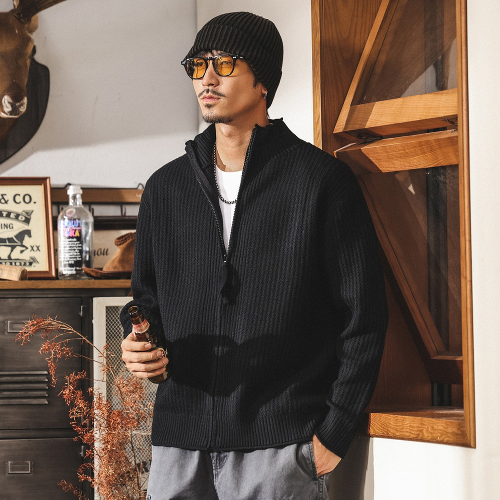 Американский ретро кардиган плотная вязка,для мужчин весной и осенью, новый стиль, трикотажная куртка с воротником-стойкой для мужчин осенью и зимой