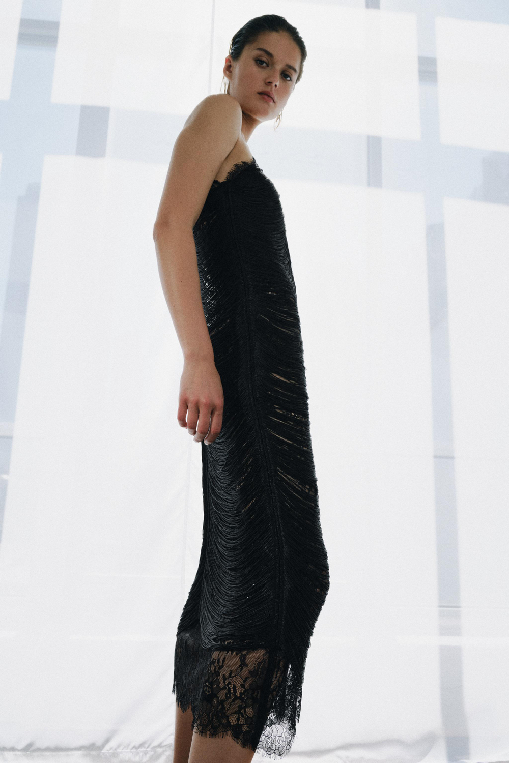 ZARA ДЛИННОЕ ПЛАТЬЕ С БАХРОМОЙ ZW LIMITED EDITION, ЧЕРНЫЙ