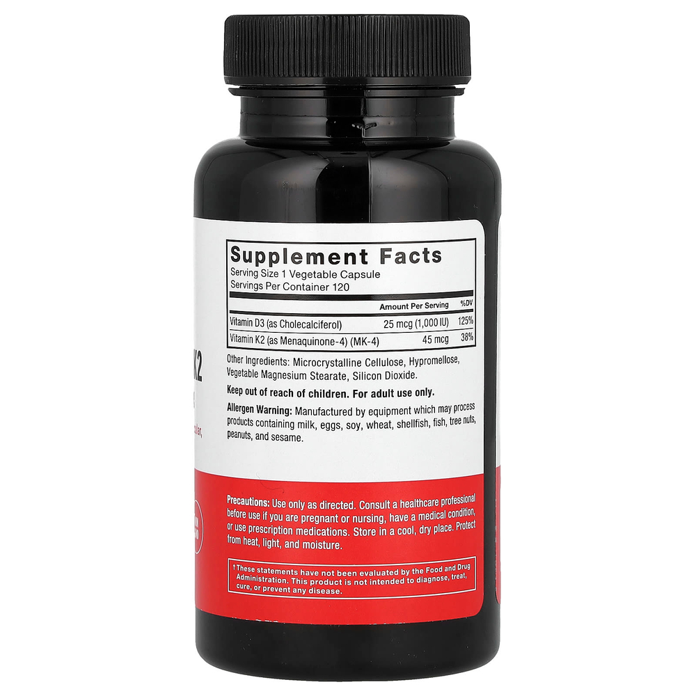 Force Factor, Витамины D3 и K2, 120 растительных капсул