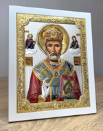 Николай Чудотворец, икона прямоугольная с рамкой, белое дерево, эмаль 185х235
