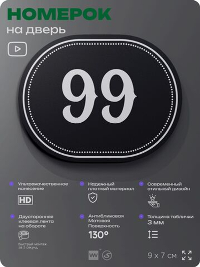 Номерок на дверь квартиры 99, для кабинета, офиса, шильдик 9 х 7 см, черный, Айдентика Технолоджи