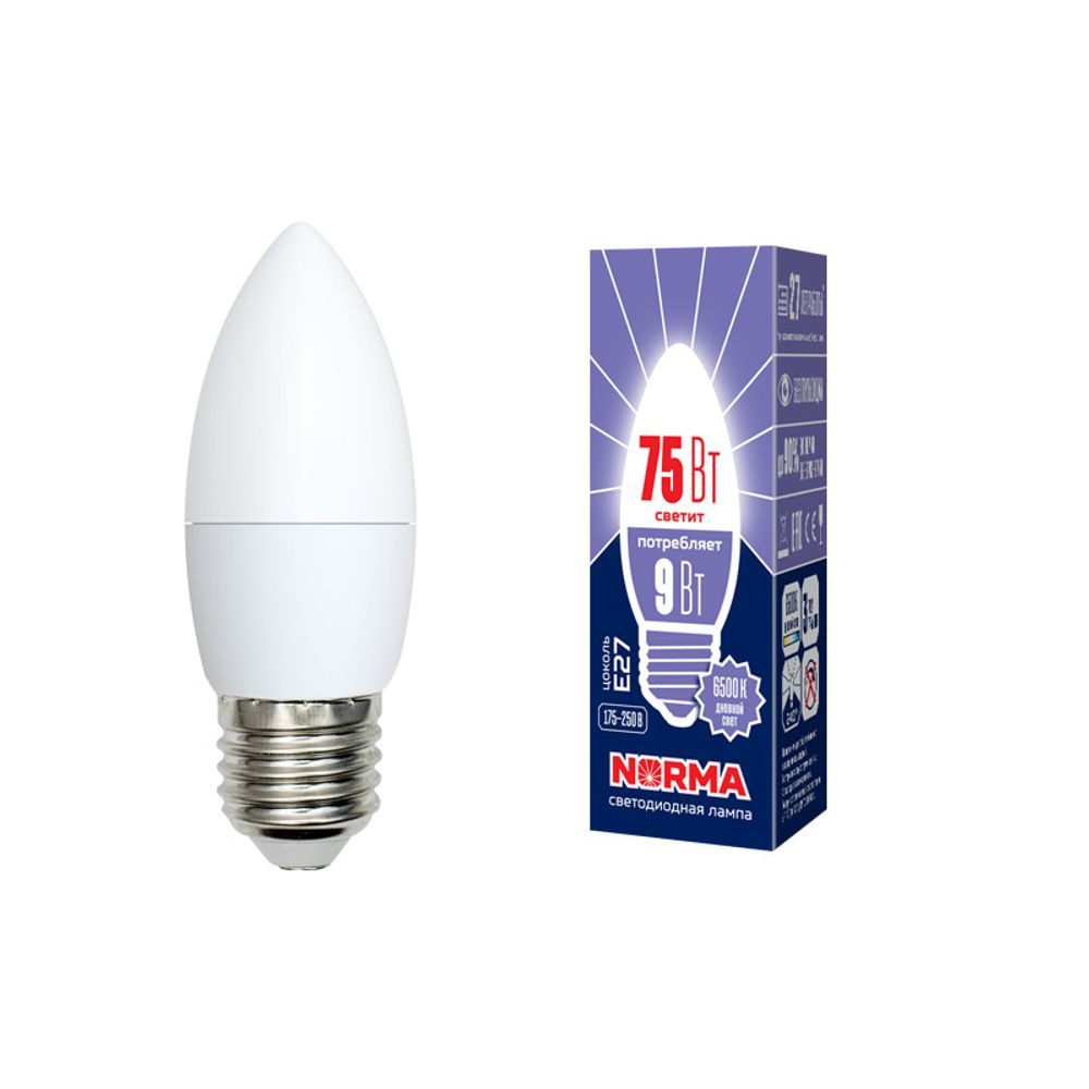 LED-C37-9W-DW-E27-FR-NR Лампа светодиодная. Форма свеча. матовая. Серия Norma. Дневной белый свет 6500K. Картон. ТМ Volpe