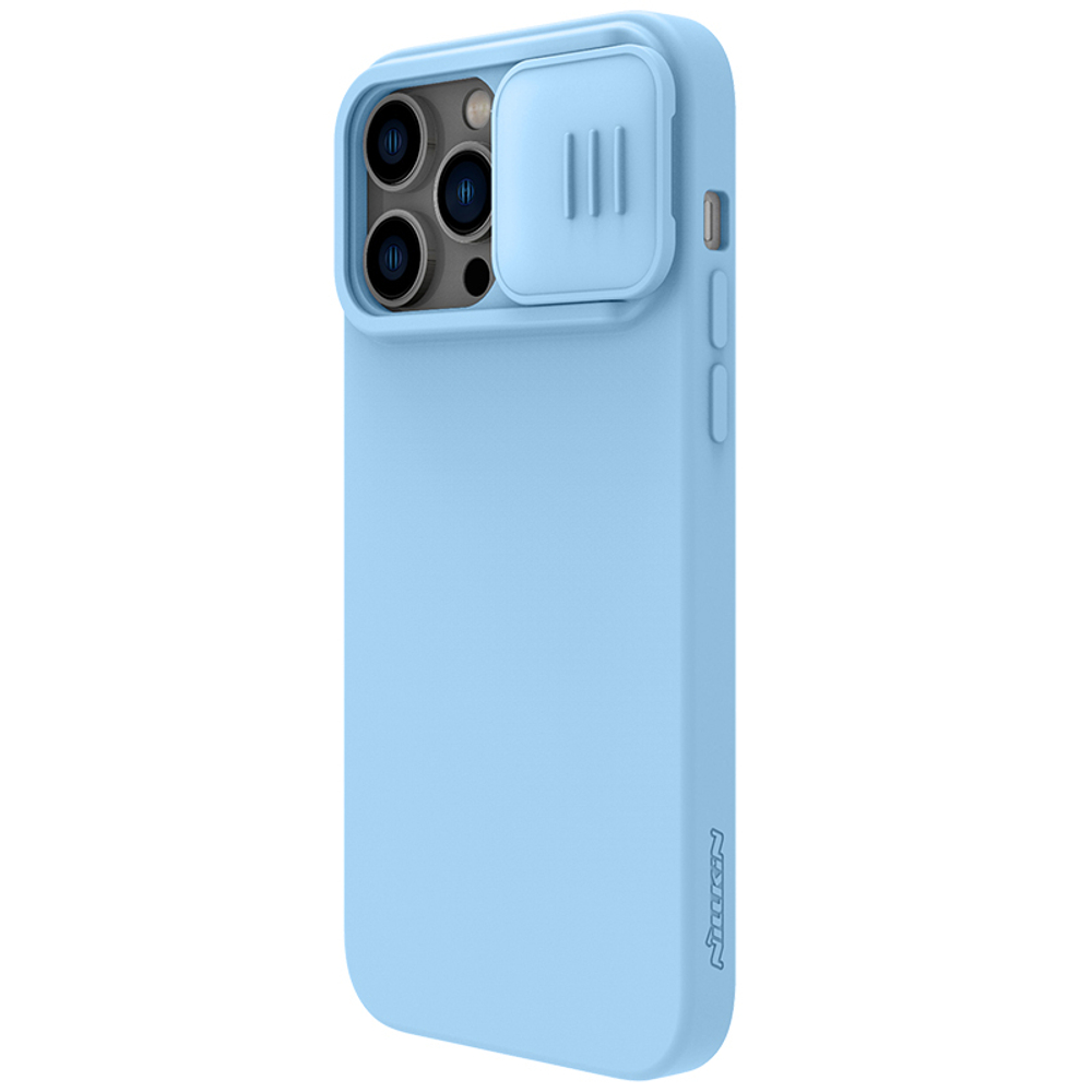 Чехол синего цвета (Haze Blue) с мягким шелковистым покрытием от Nillkin для iPhone 14 Pro, серия CamShield Silky Silicone Case с защитной шторкой для камеры