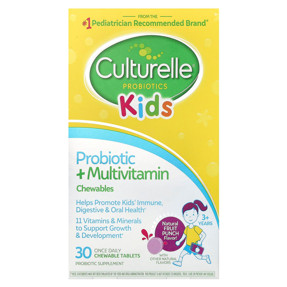 Culturelle, Для детей, жевательные таблетки с пробиотиками и мультивитаминами, для детей от 3 лет, натуральный фруктовый пунш, 30 жевательных таблеток