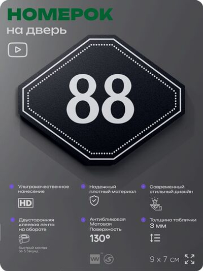 Номерок на дверь квартиры 88, для кабинета, офиса, шильдик 9 х 7 см, черный, Айдентика Технолоджи