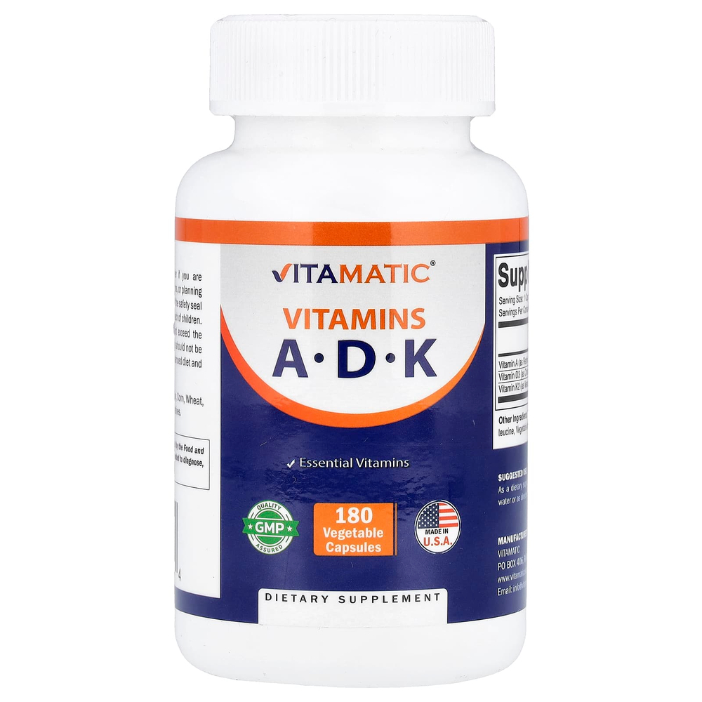 Vitamatic, витамины A, D, K, 180 растительных капсул