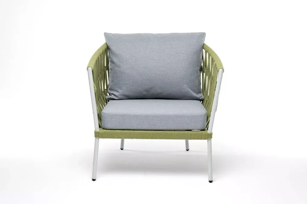 "Диего" кресло плетеное из роупа, каркас алюминий светло-серый (RAL7035) муар, роуп салатовый меланж круглый, ткань светло-серая