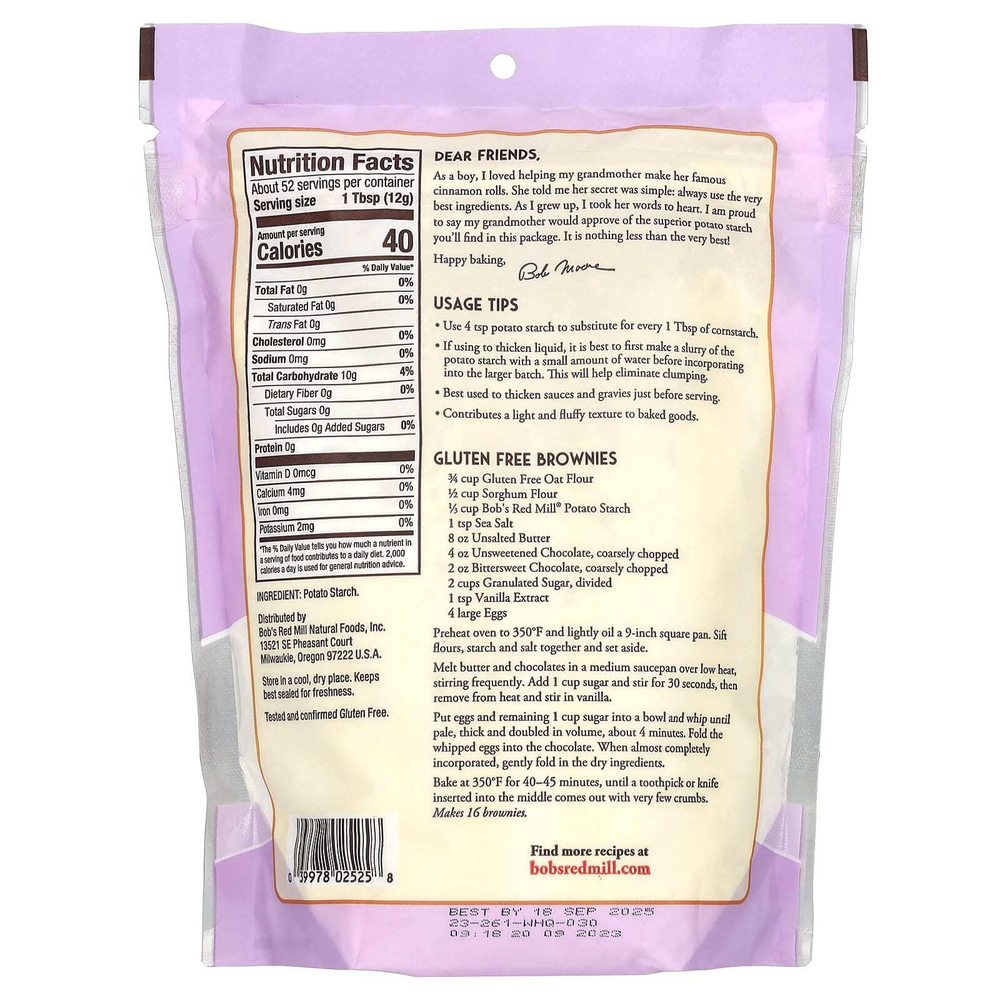 Bob's Red Mill, Картофельный крахмал, немодифицированный, без глютена, 623 г (22 унций)