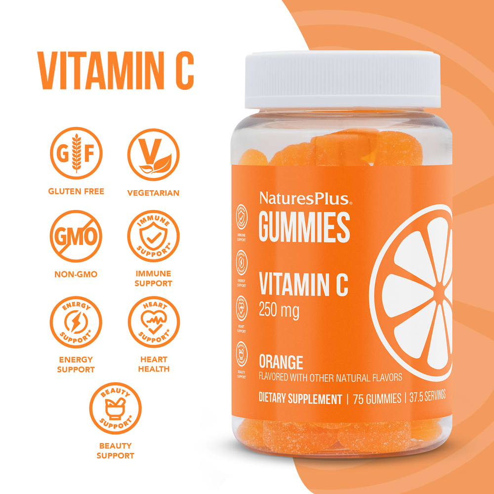 NaturesPlus, Жевательные мармеладки с витамином C, апельсин, 75 жевательных таблеток (125 мг в 1 жевательной мармеладке)
