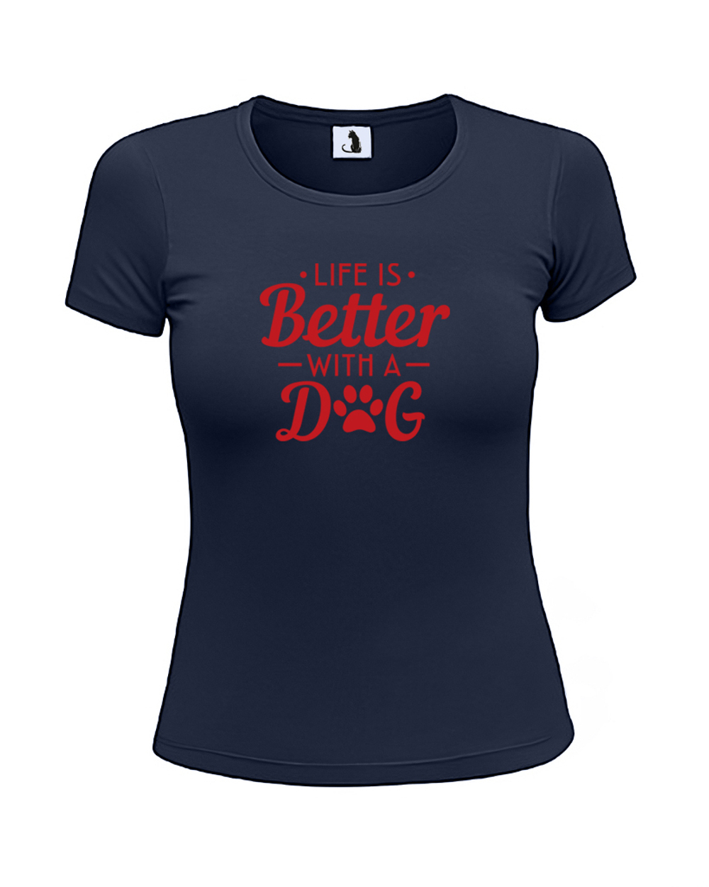 Футболка Life is better with a dog unisex темно-синяя с красным рисунком