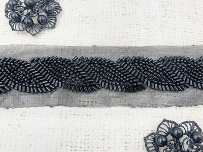 Тесьма декоративная вышивка стеклярус, ш. 2,5 см, чёрный