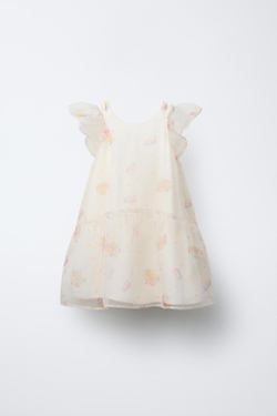 ZARA ПЛАТЬЕ ИЗ ОРГАНЗЫ С ЦВЕТОЧНЫМ ПРИНТОМ, ЭКРЮ