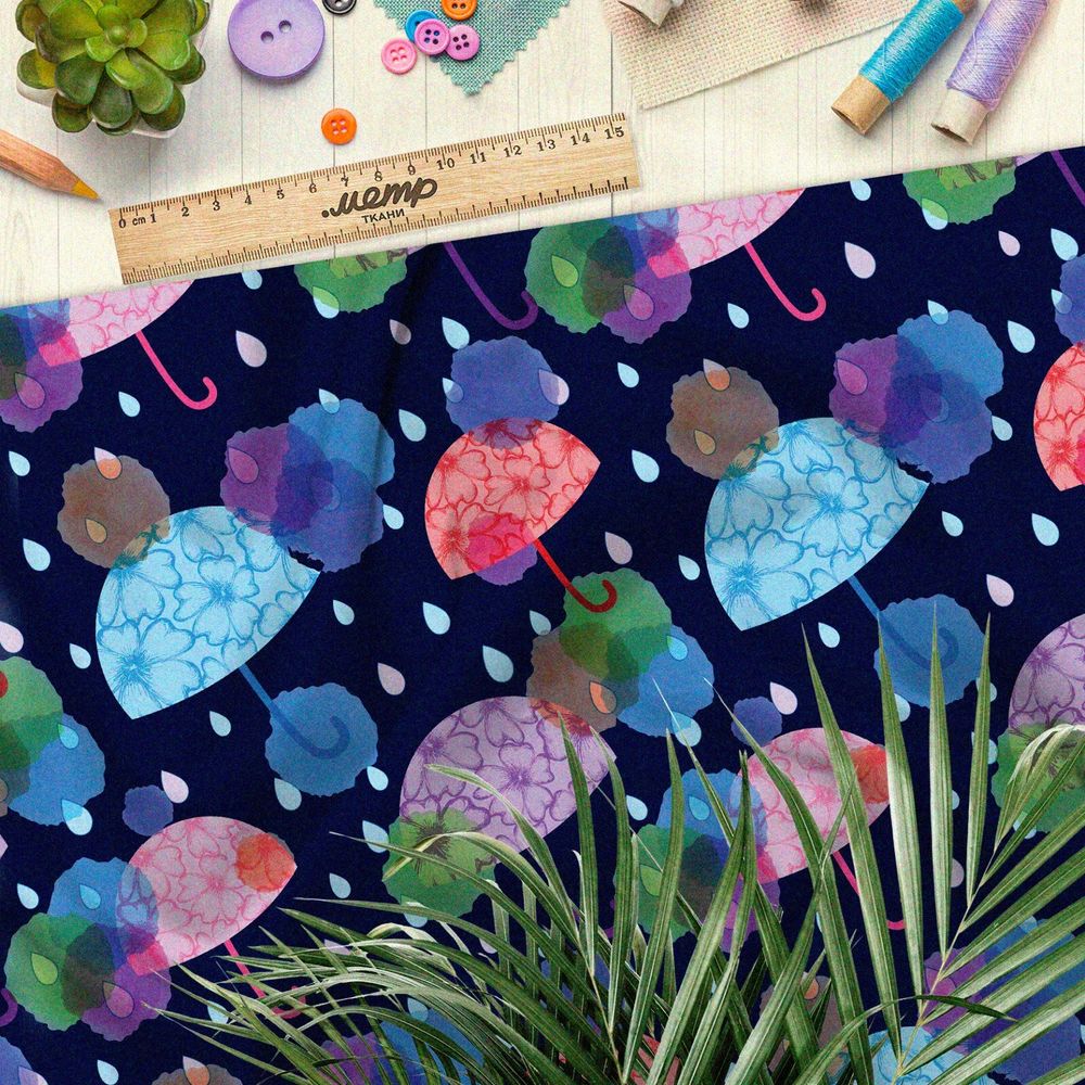 Ткань оксфорд 600 разноцветные зонтики на тёмно-синем фоне