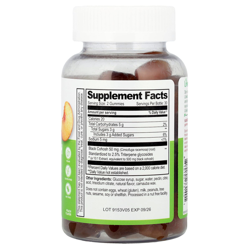 Lifeable, Жевательные мармеладки из корня клопогона, персик, 60 жевательных таблеток (25 мг в 1 жевательной мармеладке)