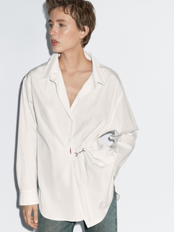 Massimo Dutti Рубашка из 100% хлопкового поплина с металлической деталью, белый