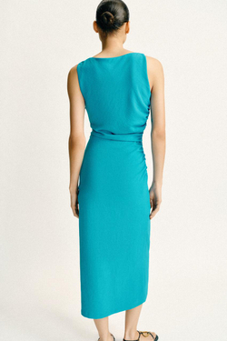 ZARA ПЛАТЬЕ МИДИ СО СБОРКАМИ И ЗОЛОТИСТОЙ ДЕТАЛЬЮ, БИРЮЗОВЫЙ