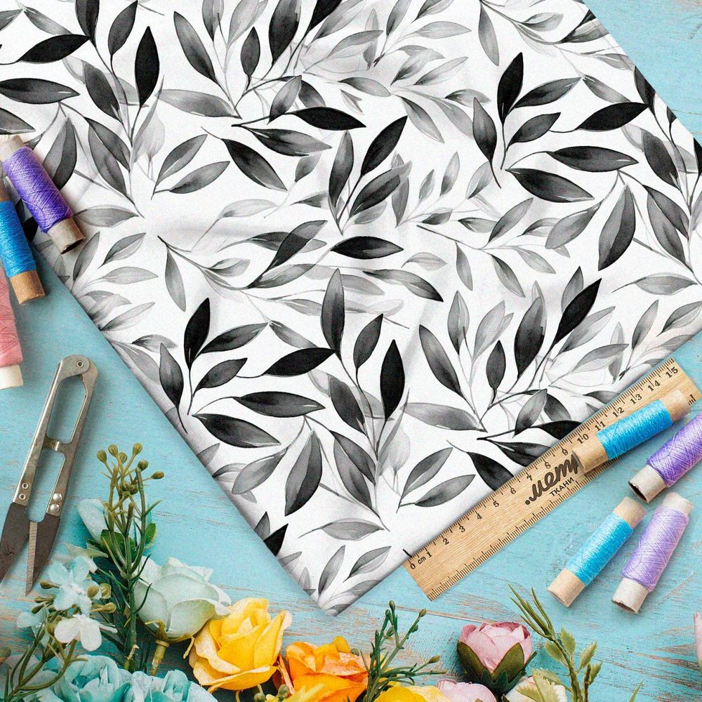 Ткань премиум флис серые листочки на белом