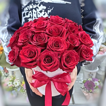 Шляпная коробка с 25 розами сорта "Эксплорер" (Эквадор 60 см)