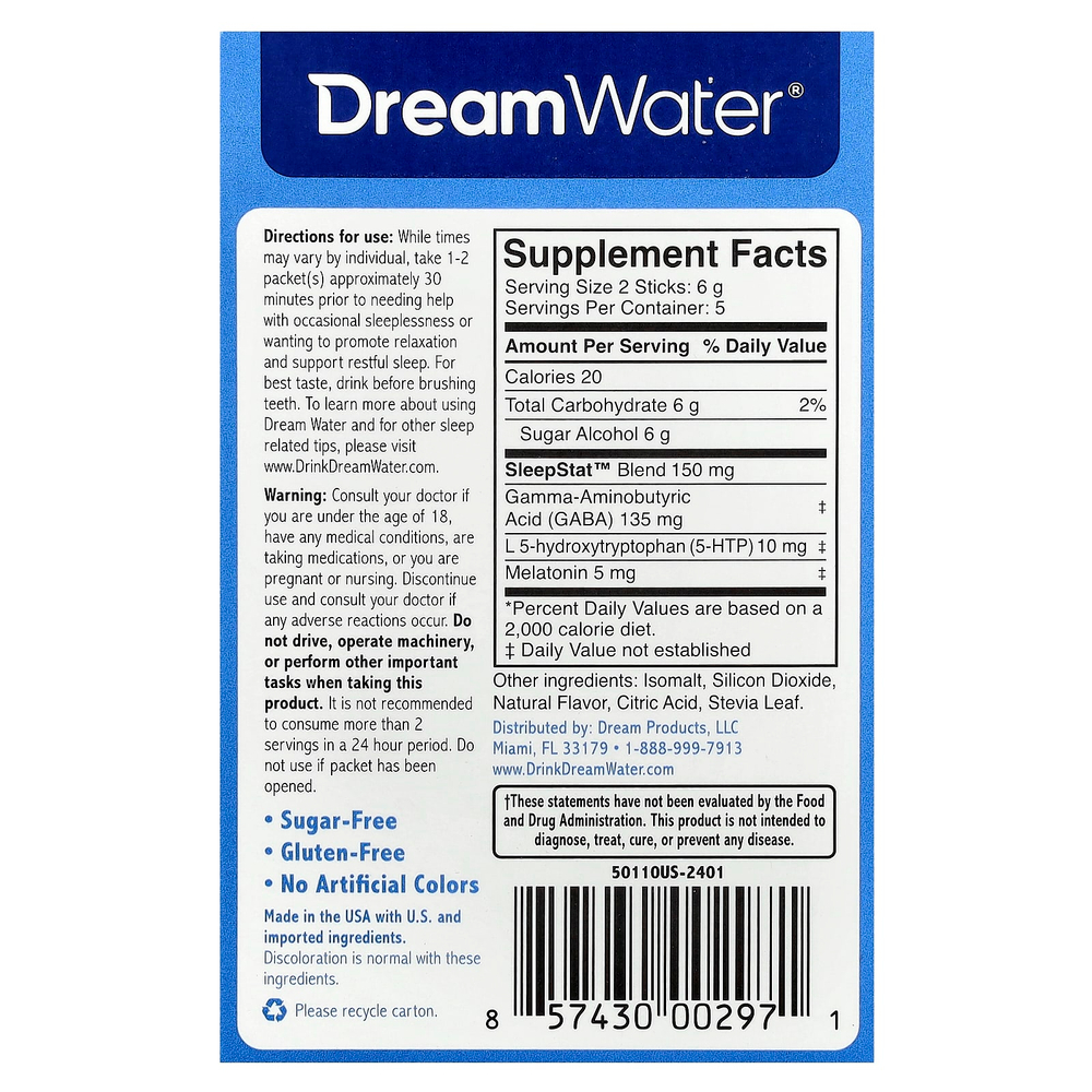 Dream Water, Оригинальный порошок для сна со смесью SleepStat ™, ягоды для сна, 10 пакетиков по 3 г (0,1 унции)