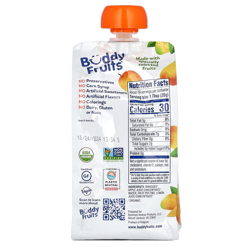 Buddy Fruits, органическая фруктовая паста, со вкусом манго, 370 г (13 унций)