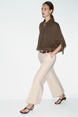 ZARA БРЮКИ С ОТВОРОТАМИ И РЕМНЕМ, ЭКРЮ