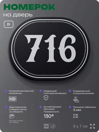 Номерок на дверь квартиры 716, для кабинета, офиса, шильдик 9 х 7 см, черный, Айдентика Технолоджи