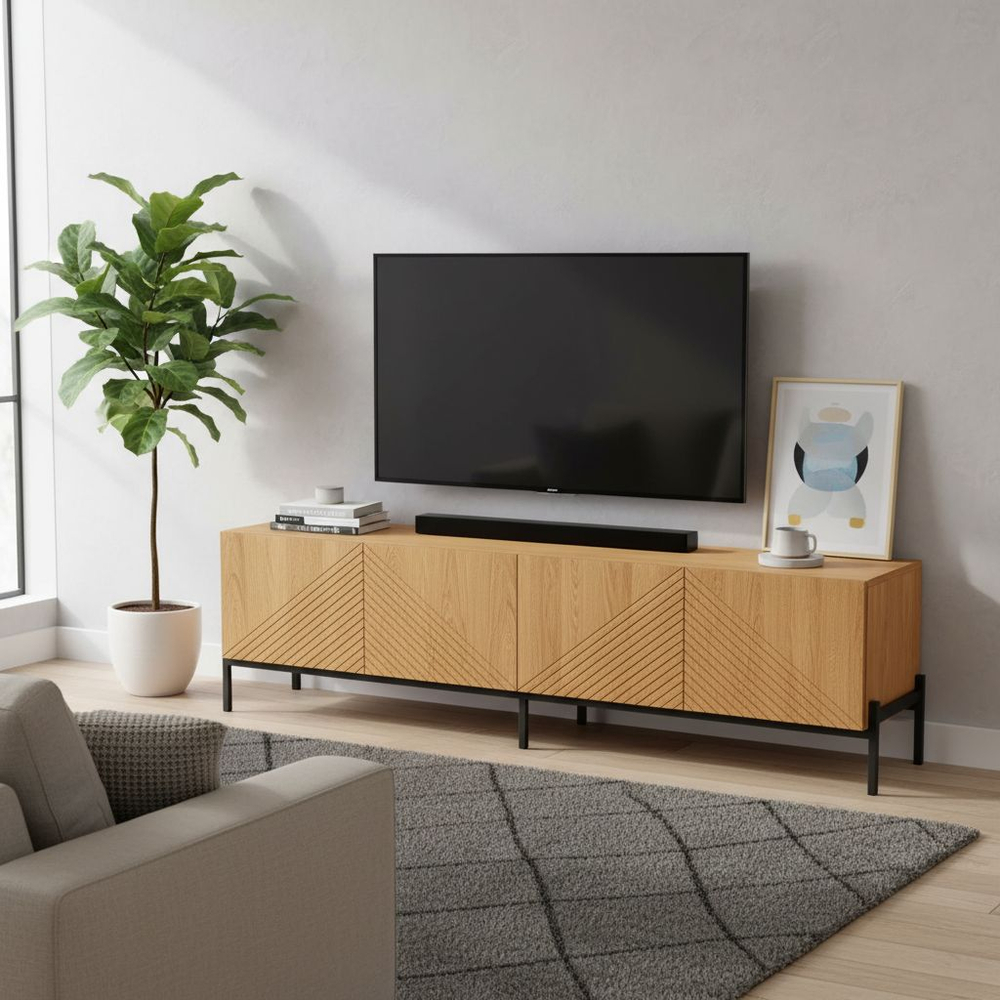 Тумба под телевизор, 180х42х51, Грувс, напольная, для прихожей и спальни, деревянная, с резными дубовыми фасадами, дуб, Dipriz