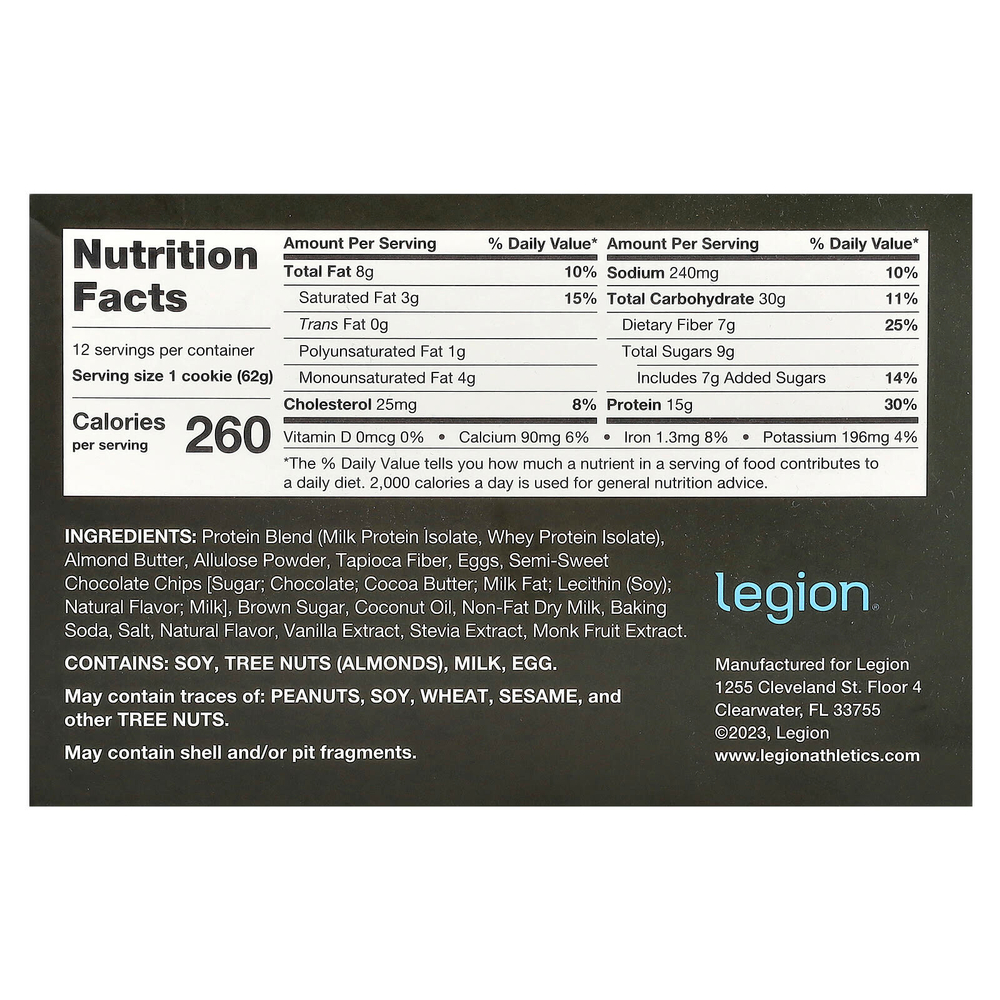 Legion Athletics, Protein Cookie, шоколадная крошка, 12 печений, 62 г (2,19 унции)