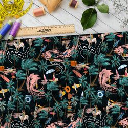 Ткань ниагара сёрфинг, пальмы и волны на чёрном фоне