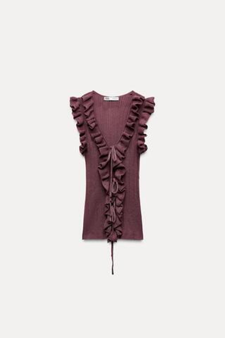 ZARA ТРИКОТАЖНЫЙ ТОП С ВОЛАНАМИ И ЗАВЯЗКАМИ, ПЫЛЬНЫЙ РОЗОВЫЙ