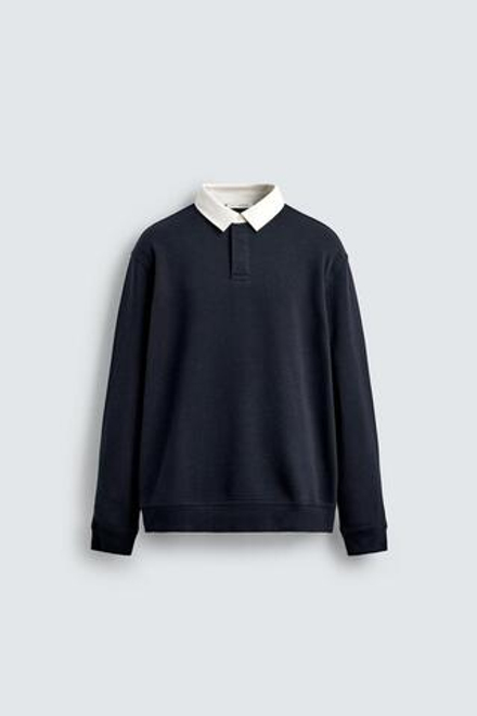 ZARA ТОЛСТОВКА-ПОЛО С КОНТРАСТНЫМ ВОРОТНИКОМ, МОРСКОЙ СИНИЙ