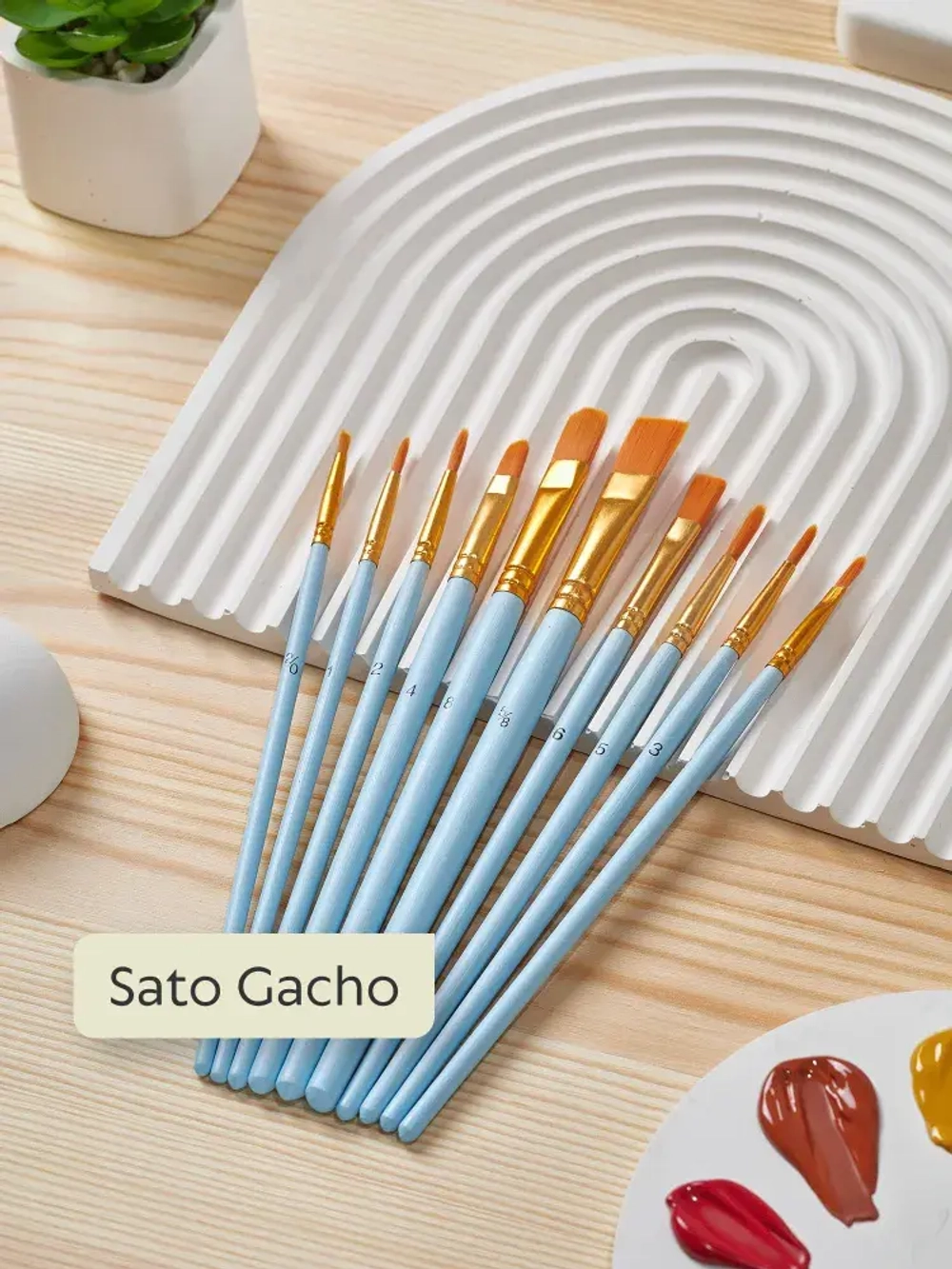 Набор кистей для рисования SATO GACHO синтетика (кисточки: круглая, плоская, лайнер) 10 шт., голубые