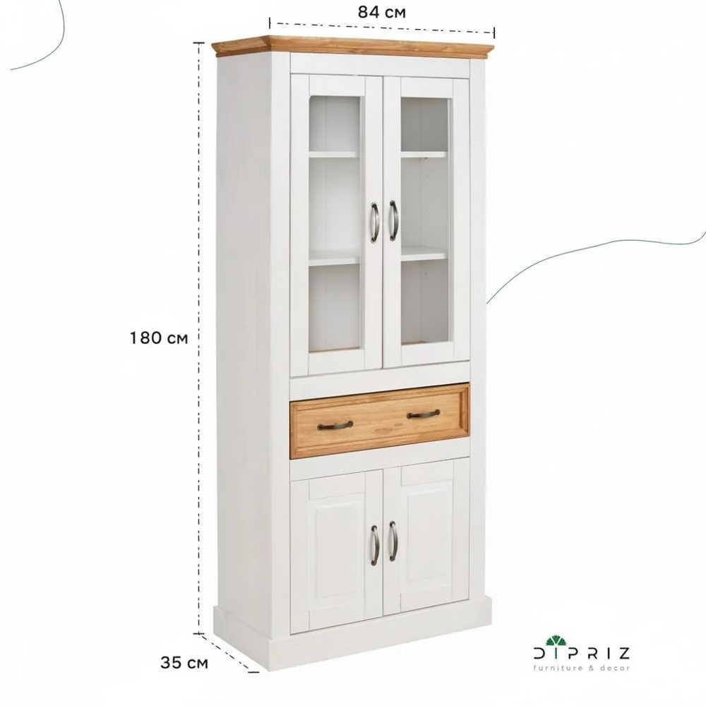Шкаф витрина, 84х35х180, Ландхаус, буфет для кухни, шкаф для посуды, из массива дерева, с ящиком, Dipriz