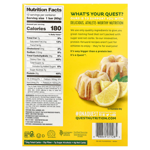 Quest Nutrition, протеиновый батончик, вкус лимонного пирога, 12 батончиков, 60 г (2,12 унции) каждый