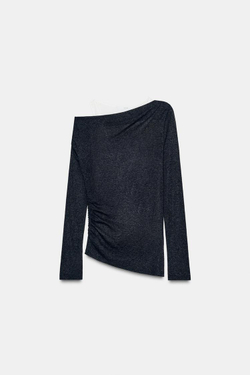 ZARA АСИММЕТРИЧНАЯ ФУТБОЛКА С ЭФФЕКТОМ ДВОЙНОЙ ТКАНИ, ТЕМНЫЙ АНТРАЦИТ