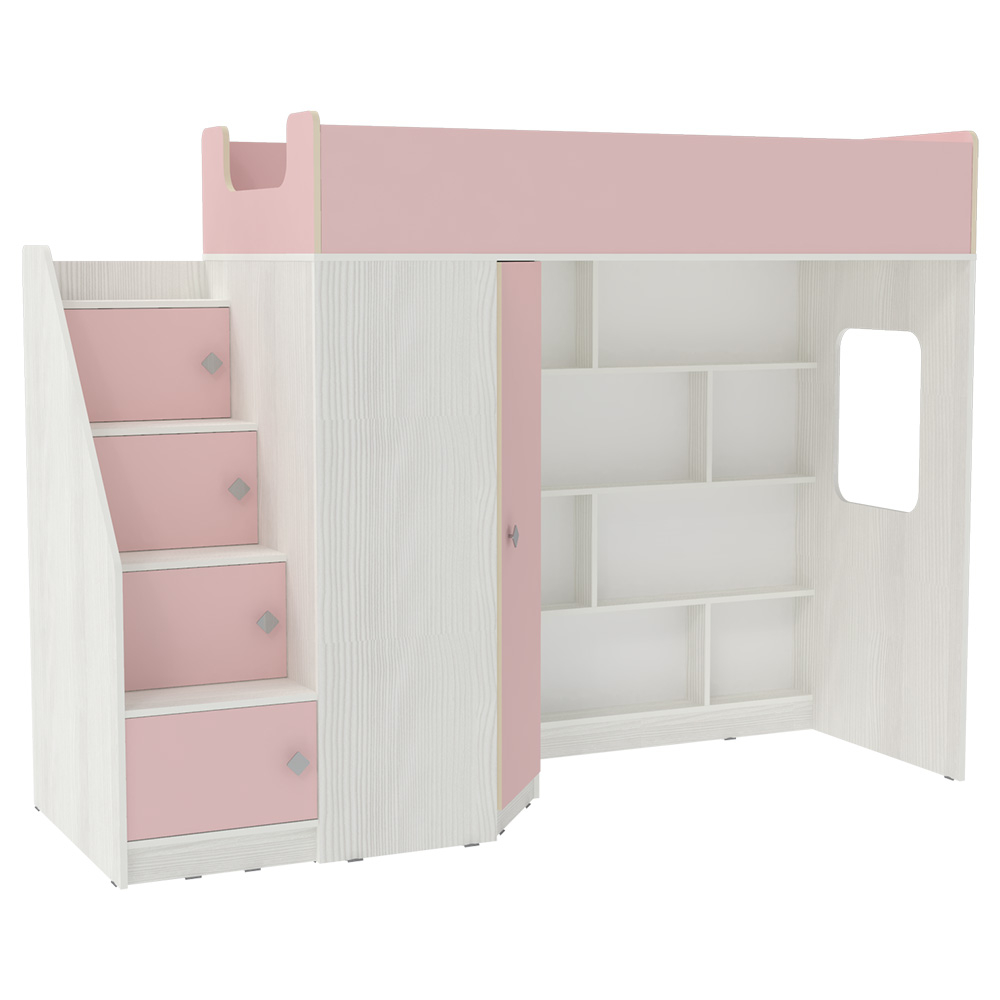 Кровать-чердак КарИВи Л-В602.3 80х190 Белое Дерево Розовый