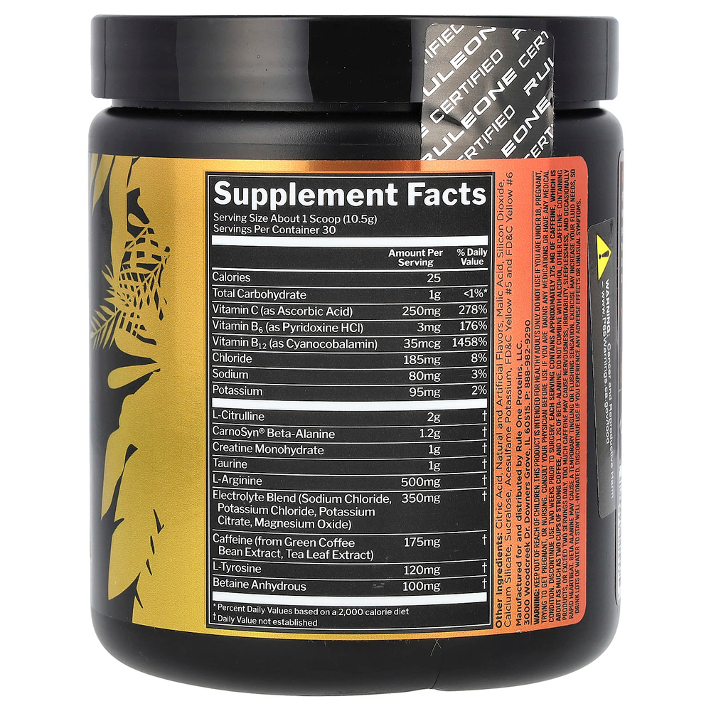 Rule One Proteins, Roar, Ferocious предтренировочный комплекс, со вкусом персика и манго, 315 г (11,11 унции)