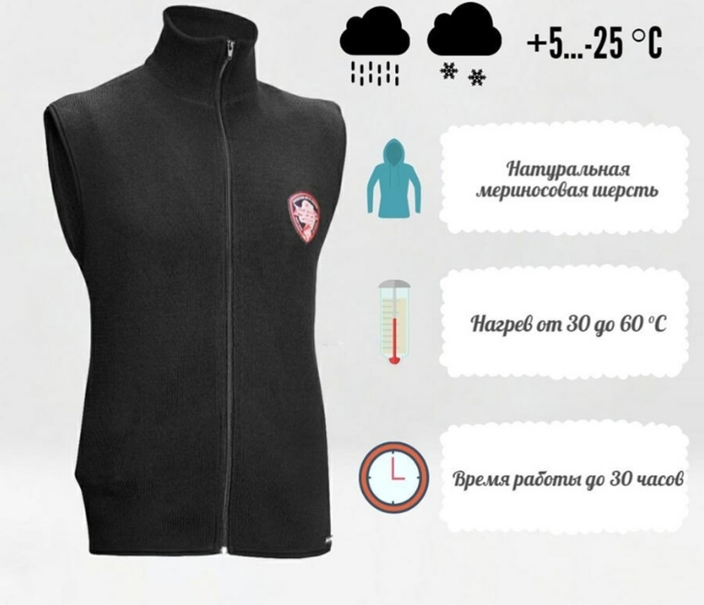 Жилет шерстяной с подогревом RedLaika Arctic Merino Wool RL-TM-05 мужской черный