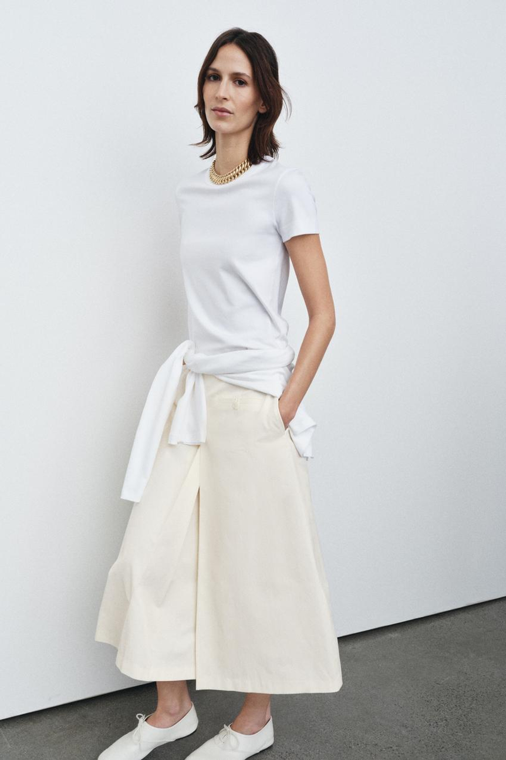 ZARA ФУТБОЛКА INTERLOCK С КОРОТКИМИ РУКАВАМИ, БЕЛЫЙ