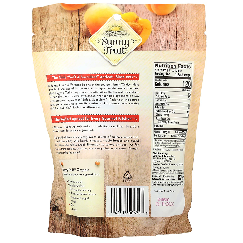 Sunny Fruit, органические курага, 5 порционных пакетиков по 50 г (1,76 унции)
